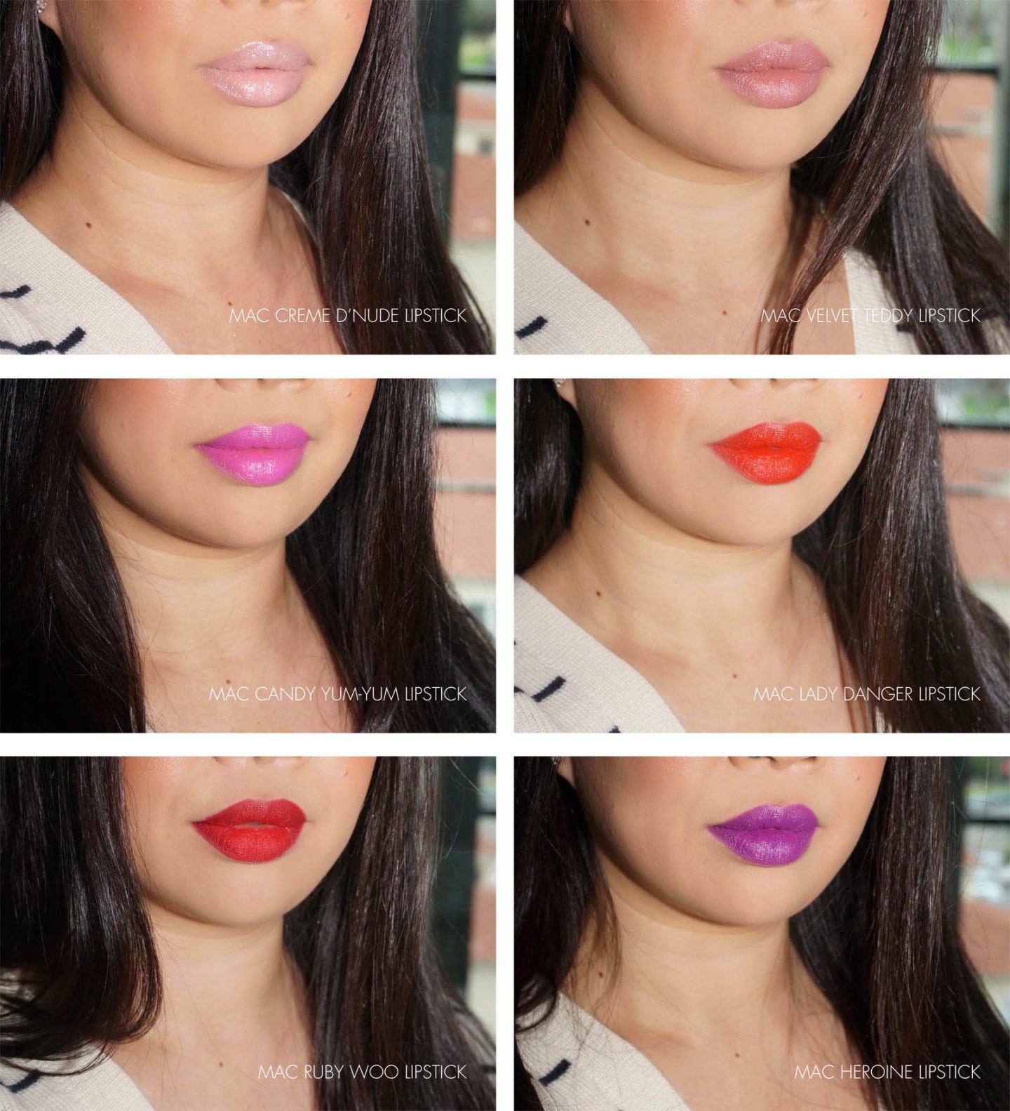 MAC Shadescents Lipstick Heroine, Ruby Woo, Lady Danger, Candy Yum-Yum, Velvet Teddy and Creme d Nude swatches