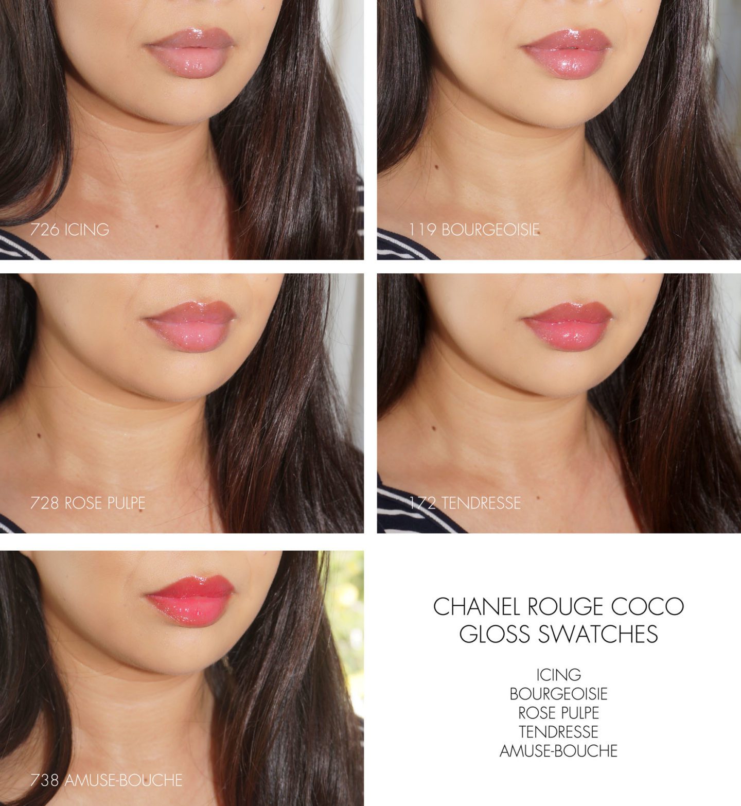 Chanel Rouge Coco Gloss in Icing, Bourgeoisie, Rose Pulpe, Tendresse, Amuse-Bouche