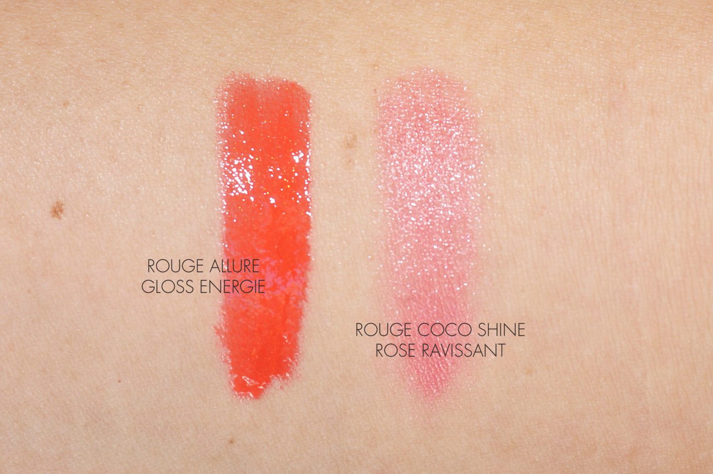 Chanel Rouge Allure Gloss Energie and Rouge Coco Shine Rose Ravissant Swatch | The Beauty Look Book