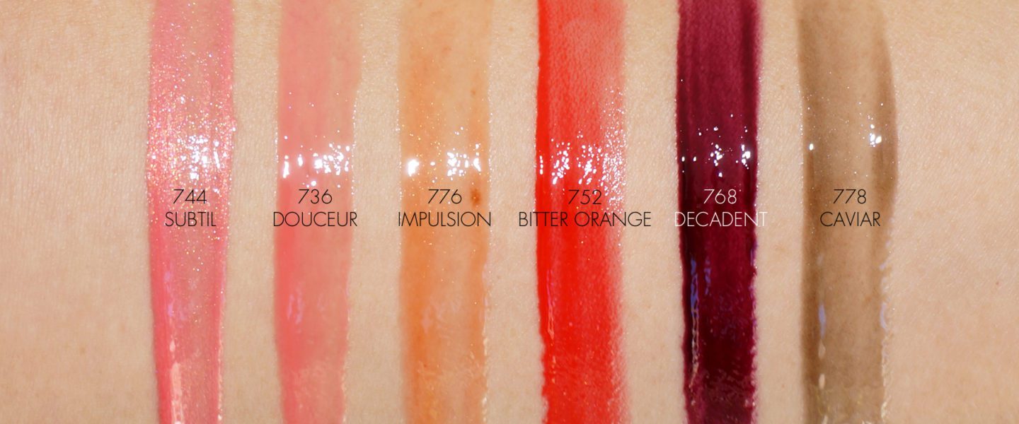 Chanel Rouge Coco Gloss Subtil, Douceur, Bitter Orange, Decadent, Caviar | The Beauty Look Book
