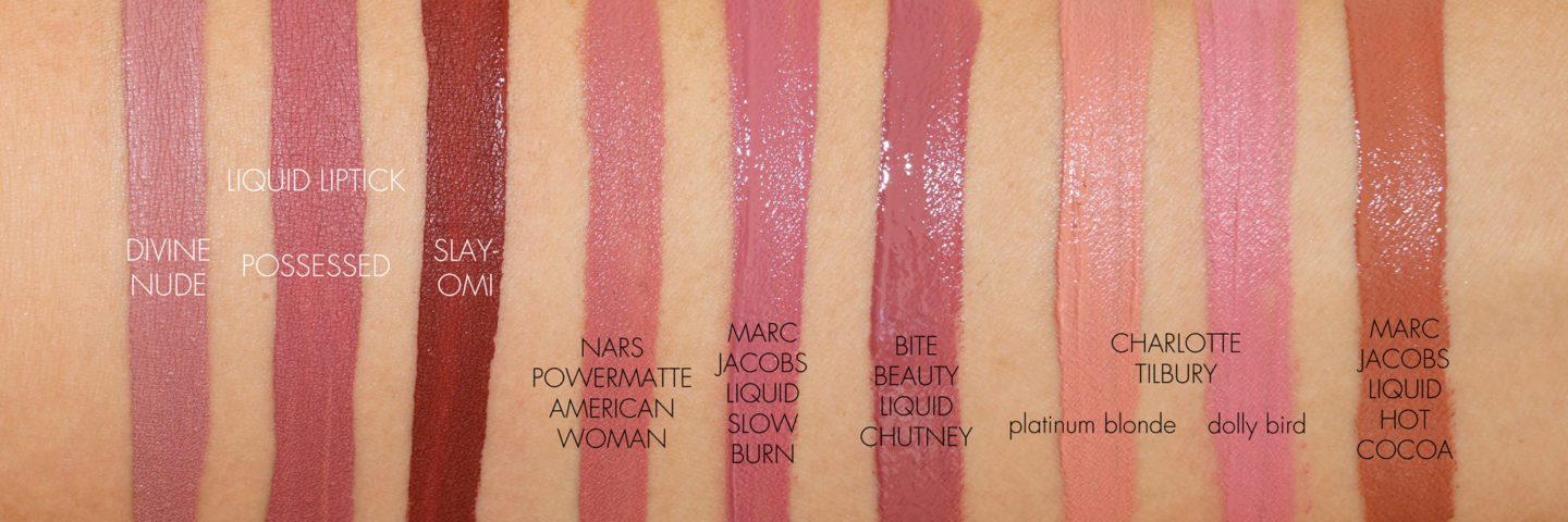 Pat McGrath Liquid Lipsticks in Divine Nude, Possessed and Slay-OMI vs Marc Jacobs, Charlotte Tilbury and NARS
