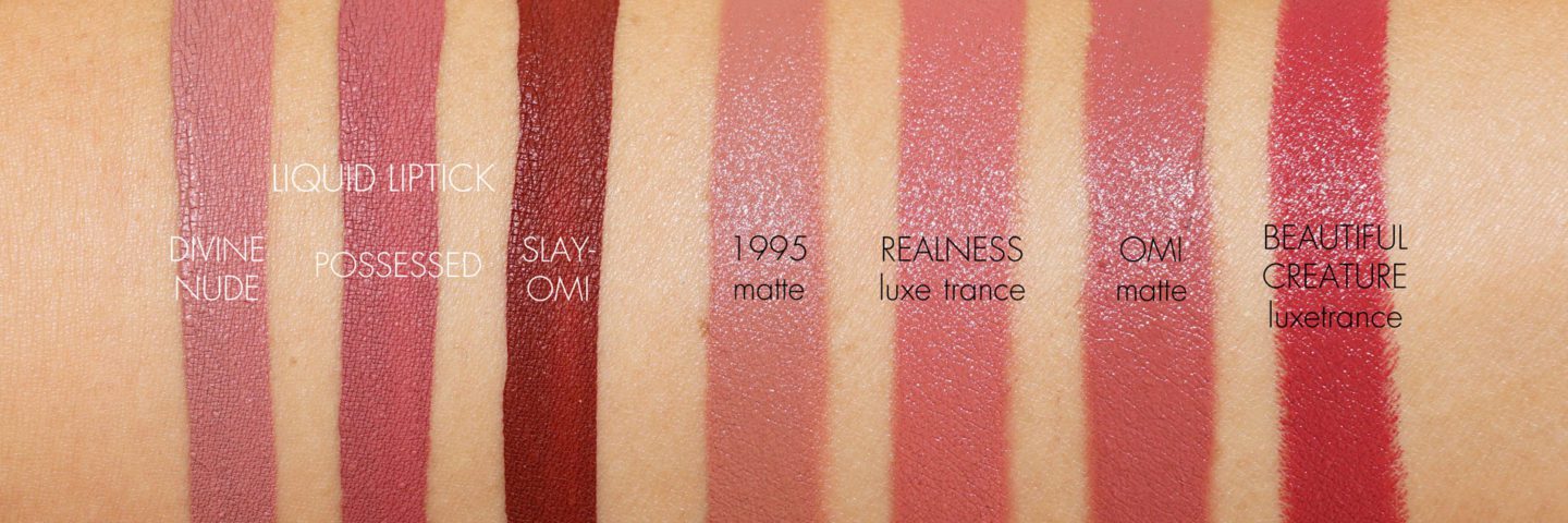 Pat McGrath Liquid Lipsticks in Divine Nude, Possessed and Slay-OMI Swatches vs LuxeTrance Lipsticks and MatteTrance Lipsticks