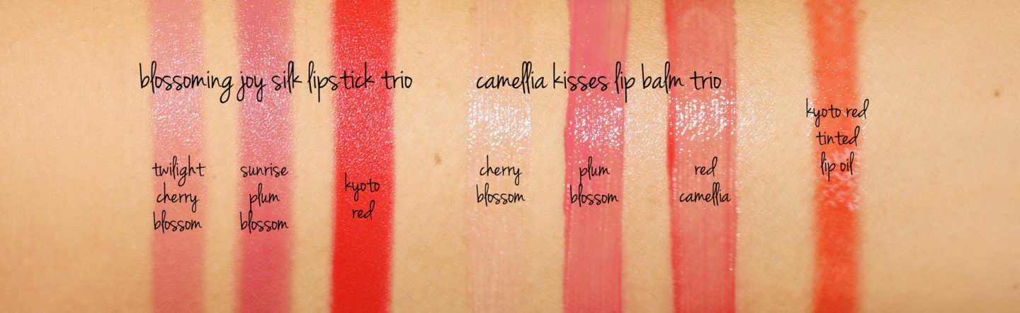 Tatcha Blossoming Joy Lipstick Miniatures, Camellia Kisses Lip Balm Trio, Kyoto Red Tinted Lip Oil swatches