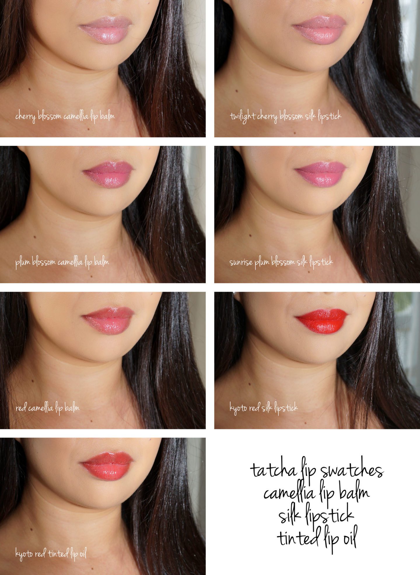 Tatcha Blossoming Joy Lipstick Miniatures, Camellia Kisses Lip Balm Trio, Kyoto Red Tinted Lip Oil Lip Swatches