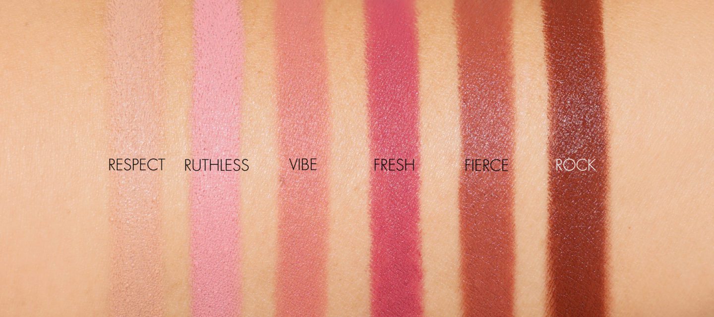 Laura Mercier Velour Extreme Nudes - Respect, Ruthless, Vibe, Fresh, Fierce and Rock swatches