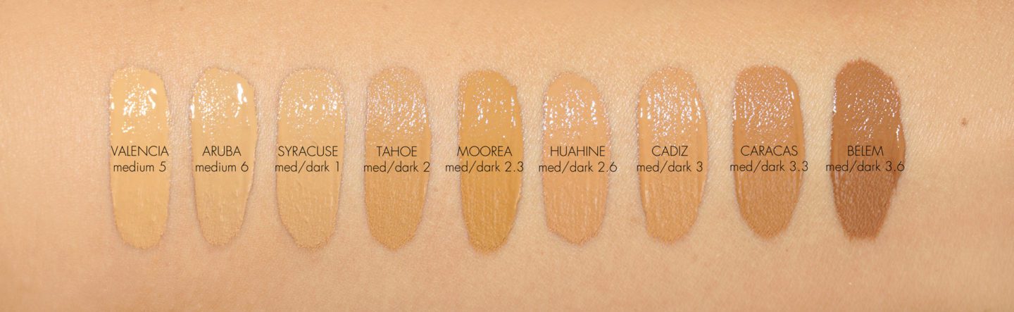 NARS Natural Radiant Longwear Foundation Swatches Valencia, Aruba, Syracuse, Tahoe, Moorea, Huahine, Cadiz, Caracas, Belem