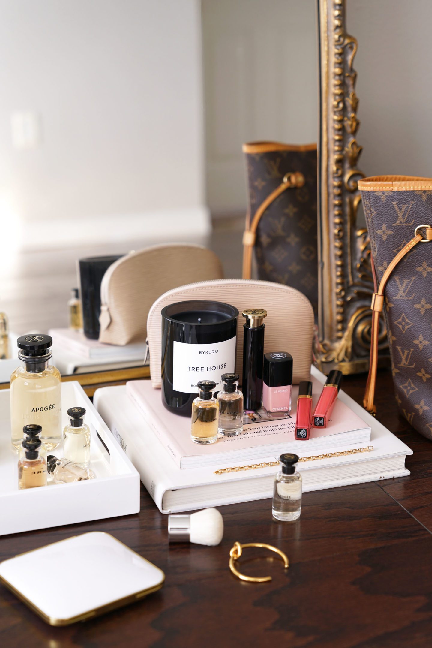 Beauty Look Book Beauty Flatlay | Byredo, Louis Vuitton, Chanel Nuvola Rosa Nail Polish, Louis Vuitton Perfumes