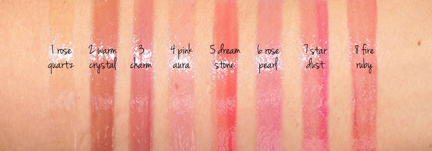 Cle de Peau Beaute Radiant Lip Gloss Swatches via The Beauty Look Book 1 Rose Quartz, 2 Warm Crystal, 3 Charm, 4 Pink Aura, 5 Dream Stone, 6 Rose Pearl, 7 Star Dust, 8 Fire Ruby