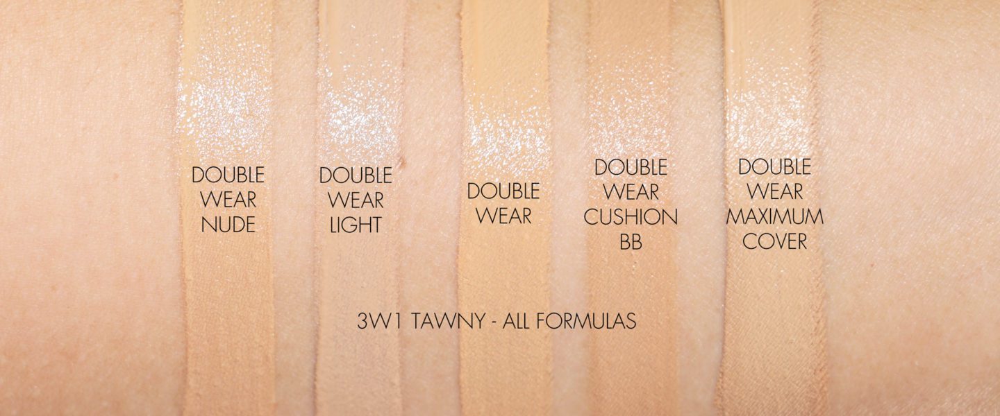 Estee Lauder Double Wear Foundation, Double Wear Nude + Light + Cushion BB + Maximum Coverage 3W1 Tawny swatches | The Beauty Look Book