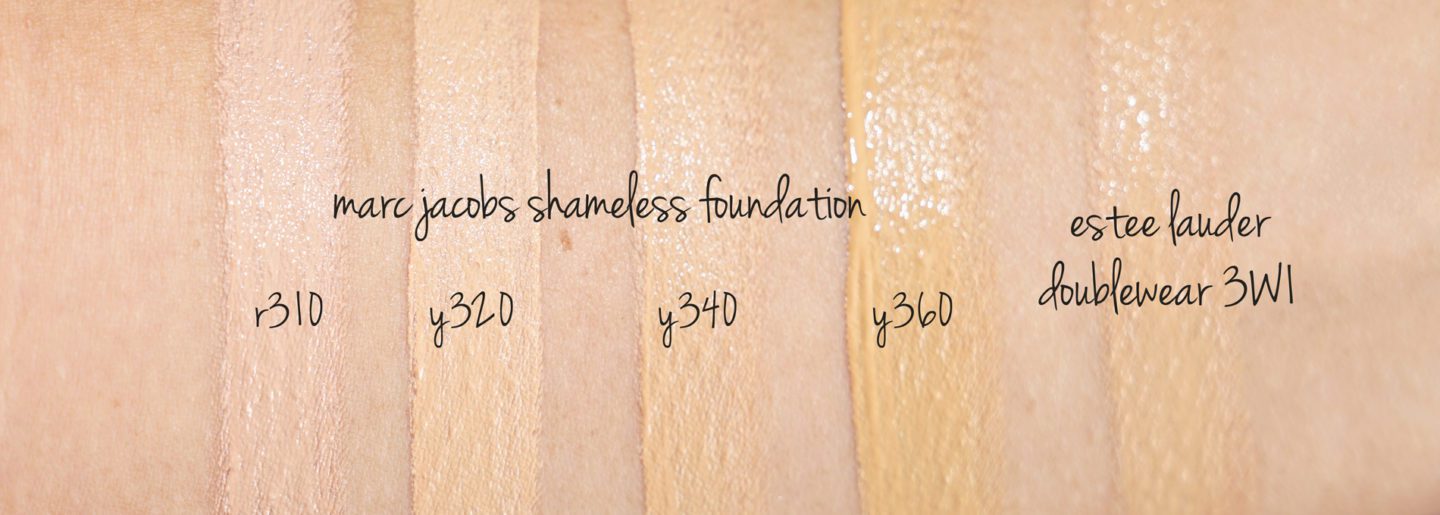 Marc Jacobs Shameless Foundation Review R310, Y320, Y340 and Y360 + Estee Lauder Doublewear 3W1 Tawny Swatches