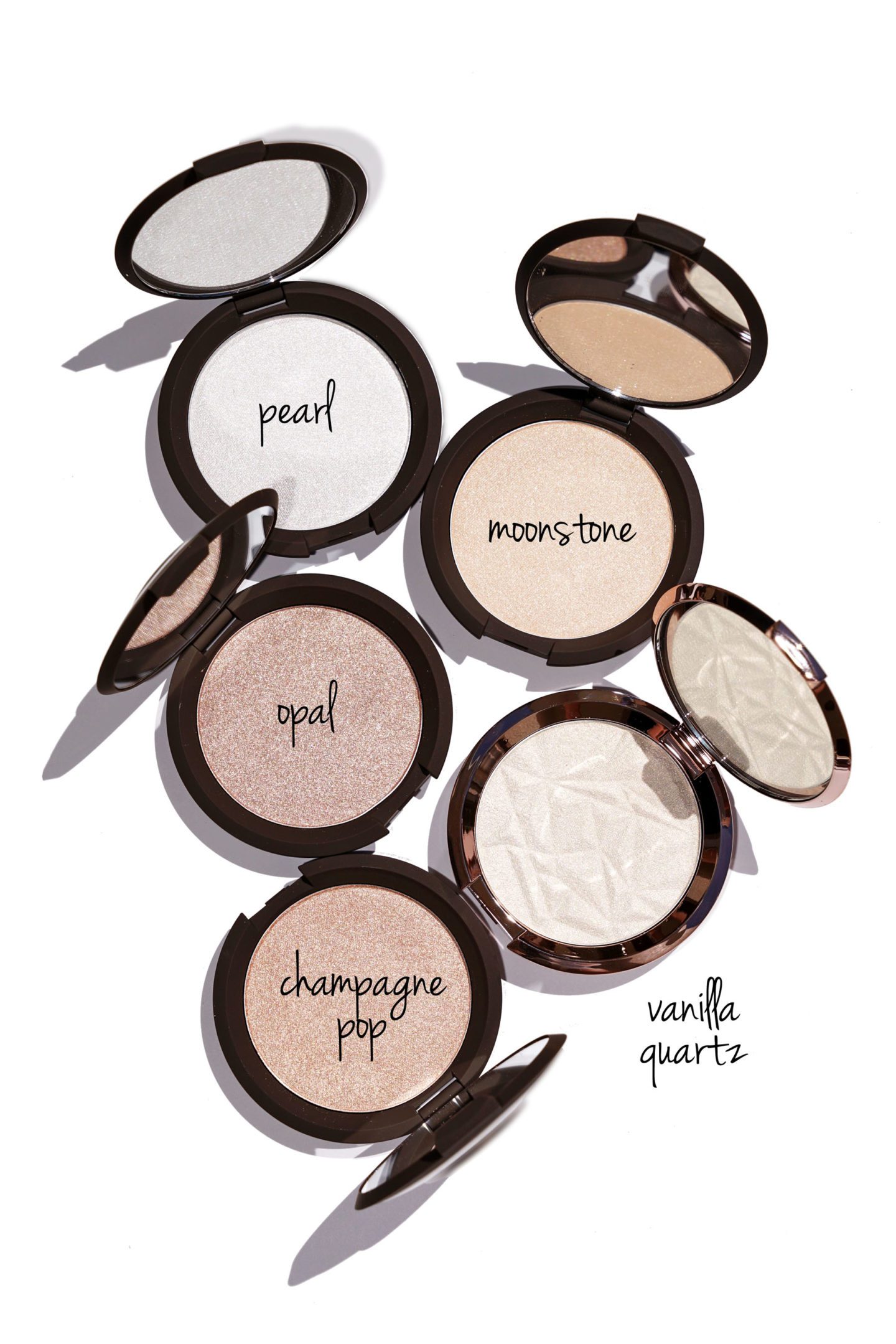 Becca Shimmering Skin Perfector Pressed Pearl, Moonstone, Vanilla Quartz, Champagne Pop and Opal review + swatches