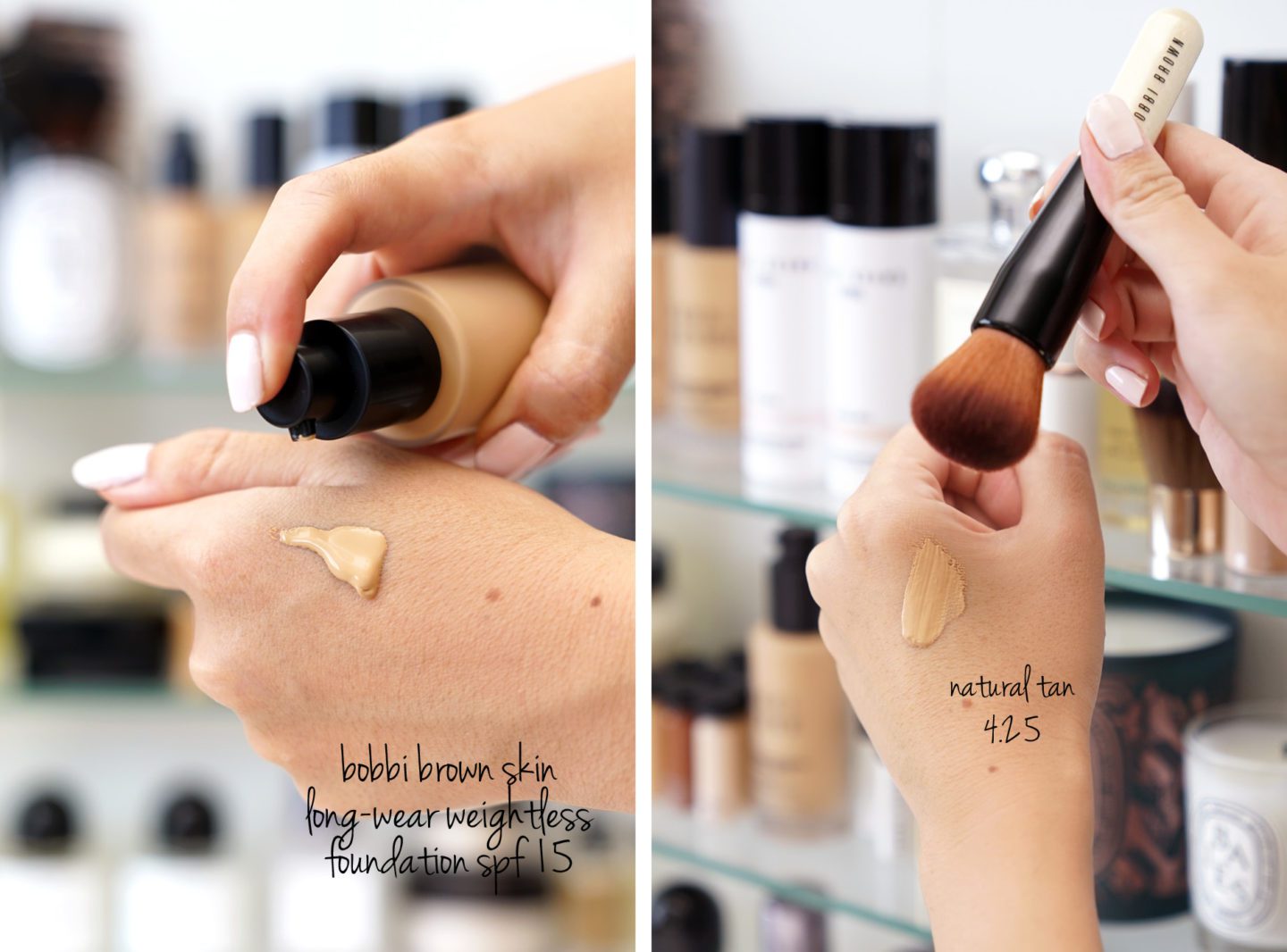 Bobbi Brown Skin Long-Wear Foundation Review and Swatches Natural Tan 4.25 and Full Coverage Face Brush