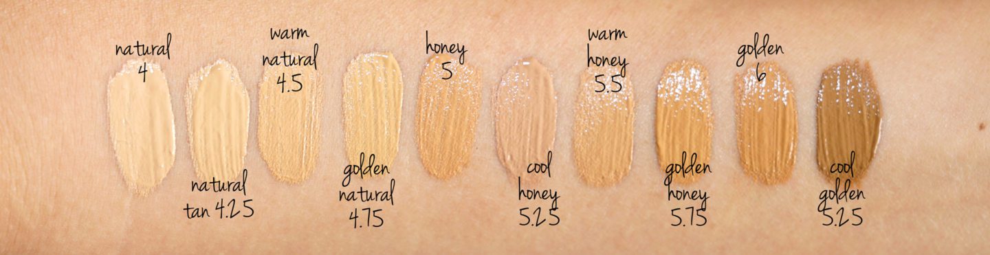 Bobbi Brown Skin Long-Wear Foundation swatches Natural 4, Natural Tan 4.25, Warm Natural 4.5, Golden Natural 4.75, Honey 5, Cool Honey 5.25, Warm Honey 5.5, Golden Honey 5.75, Golden 6, Cool Golden 6.25