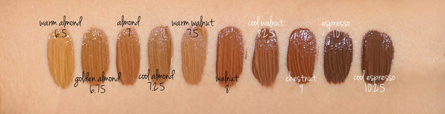 Bobbi Brown Skin Long-Wear Foundation swatches Warm Almond 6.5, Golden Almond 6.75, Almond 7, Cool Almond 7.25, Warm Walnut 7.5, Walnut 8, Cool Walnut 8.25, Chestnut 9, Espresso 10, Cool Espresso 10.25