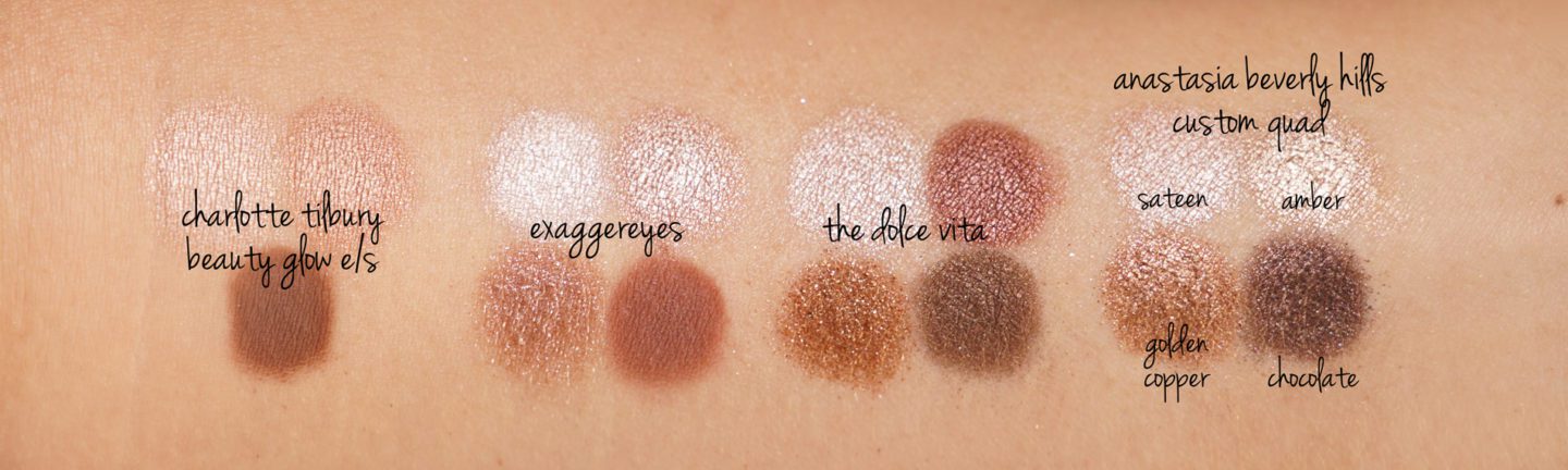 Charlotte Tilbury Beauty Glow, Exaggereyes, The Dolce Vita, Anastasia Sateen, Amber, Golden Copper and Chocolate swatches