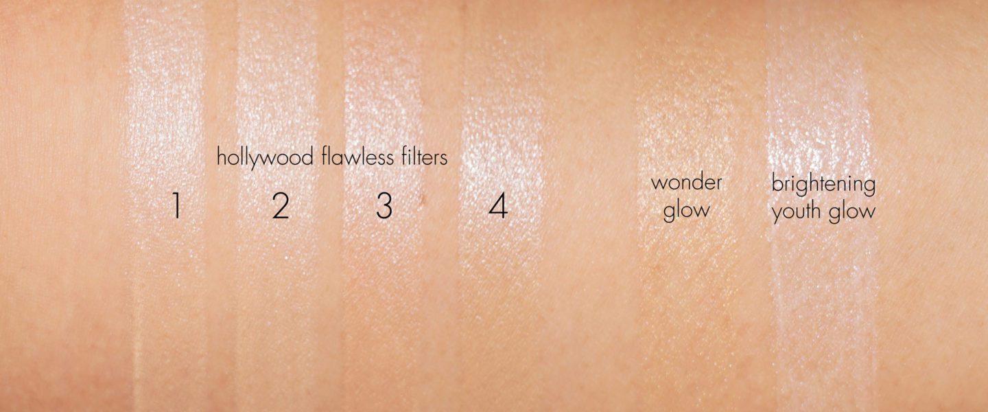 Charlotte Tilbury Hollywood Flawless Filter Swatches All Shades vs Wonder Glow and Brightening Youth Glow