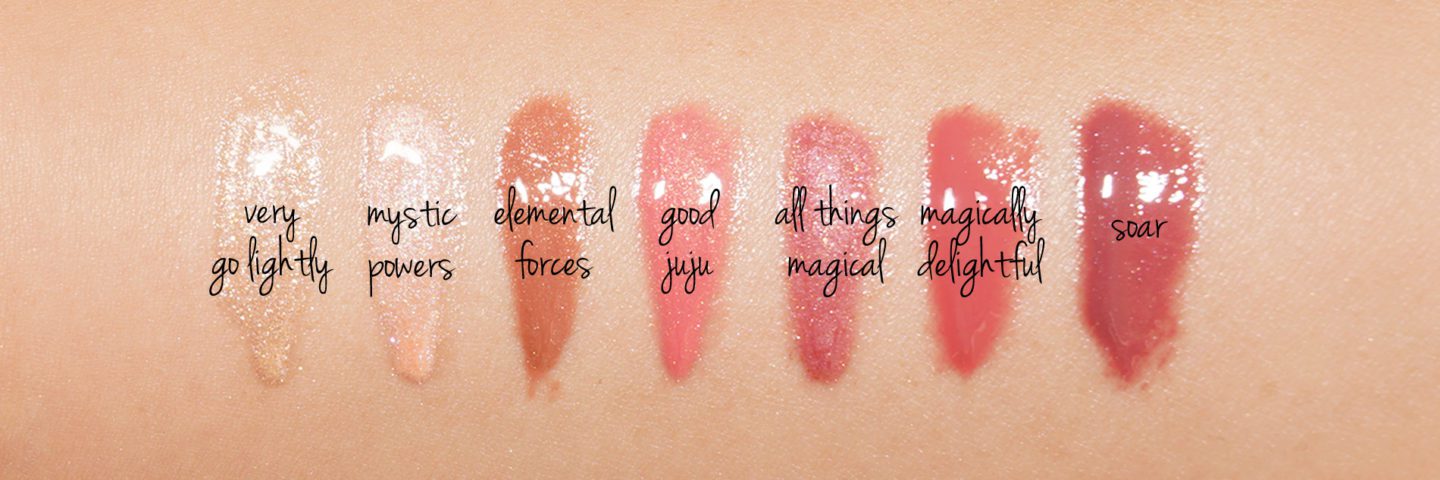 MAC Lipglass Swatches Very Go Lightly, Mystic Powers, Elemental Forces, Good Juju, All Things Magical, Magically Delightful, Soar