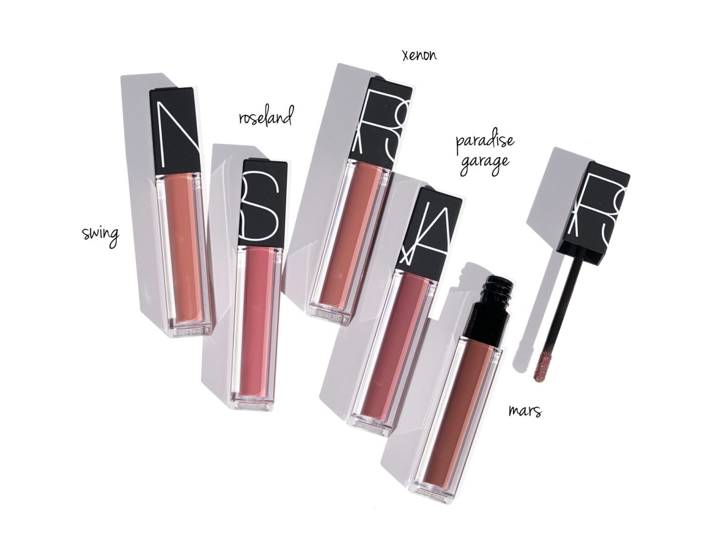NARS Velvet Lip Glide New Shades Swing, Roseland, Xenon, Paradise Garage and Mars review + swatches