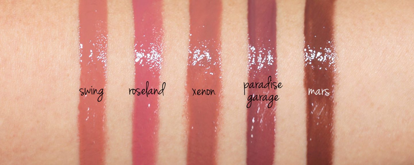 NARS Velvet Lip Glide New Shades Swing, Roseland, Xenon, Paradise Garage and Mars swatches via The Beauty Look Book