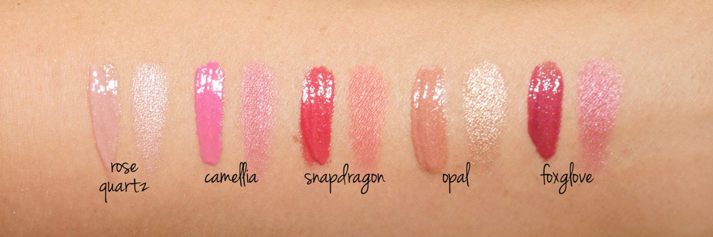 Becca Glow Lip Gloss and SSP Swatches Rose Quartz, Camellia, Snapdragon, Opal and Foxglove