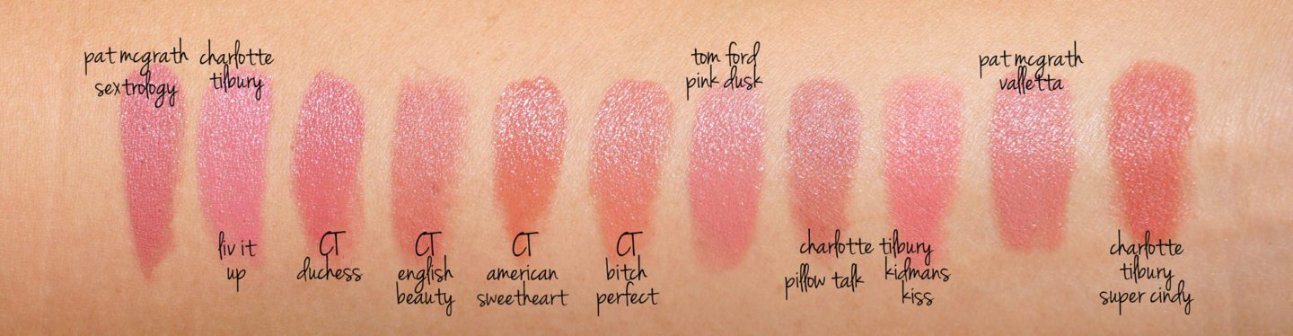 Charlotte Tilbury Online Exclusives The Duchess, English Beauty, American Sweetheart, Bitch Perfect swatch comparisons