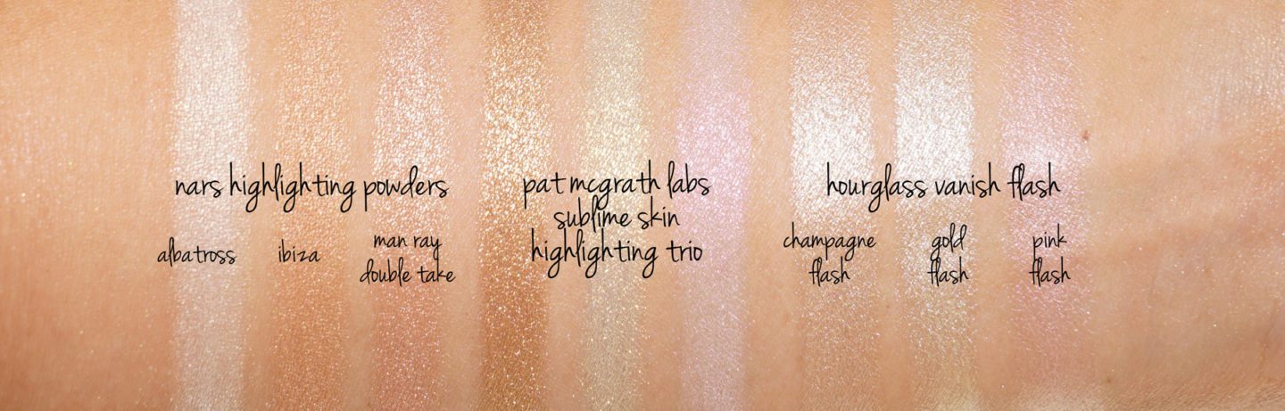 Pat McGrath Sublime Skin Highlighting Trio swatches vs. NARS highlighting powder and Hourglass Vanish Flash highlighters
