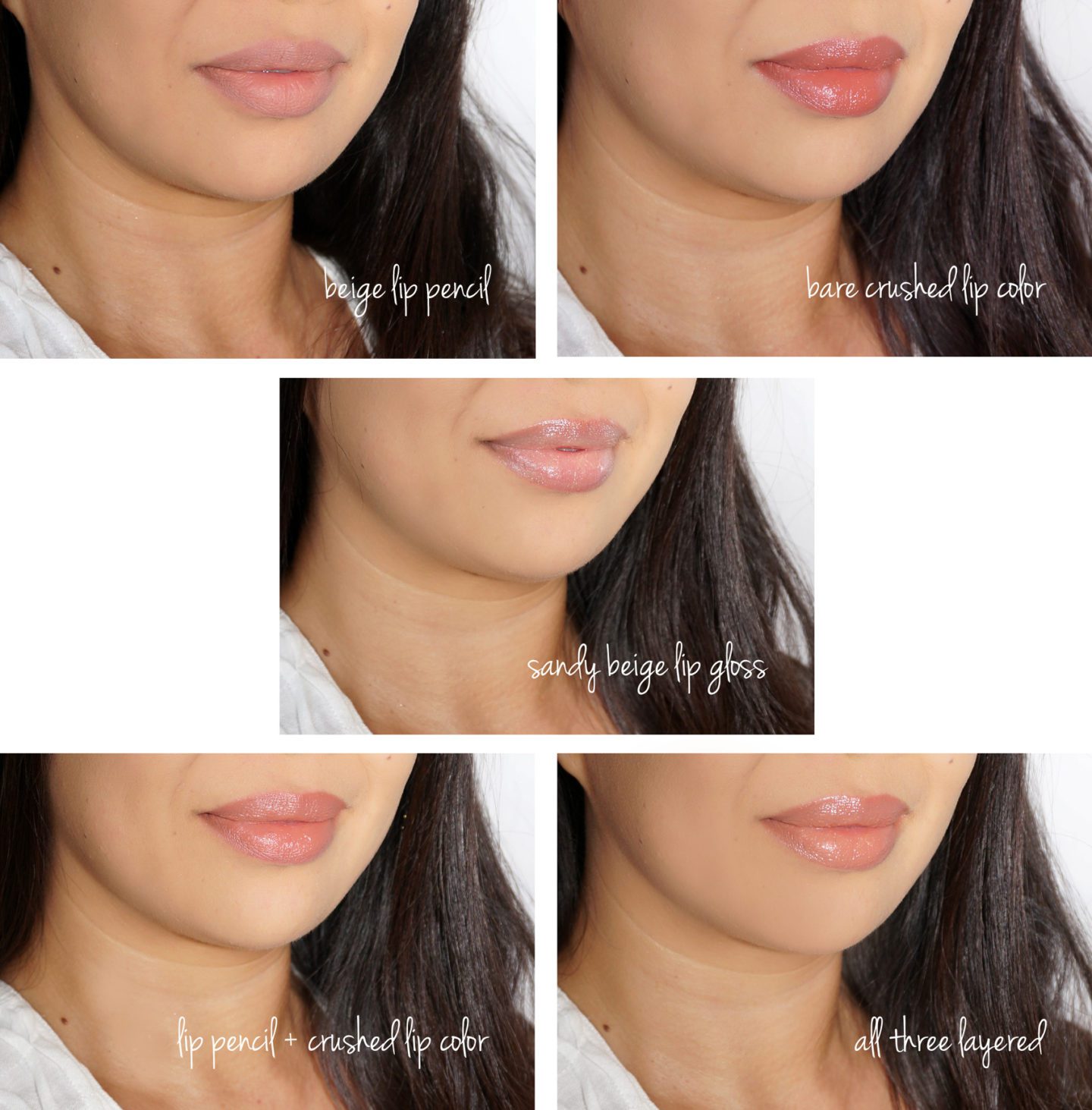 Bobbi Brown Beige Lip Pencil, Bare Crushed Lip Color and Sandy Beige Lip Gloss swatches