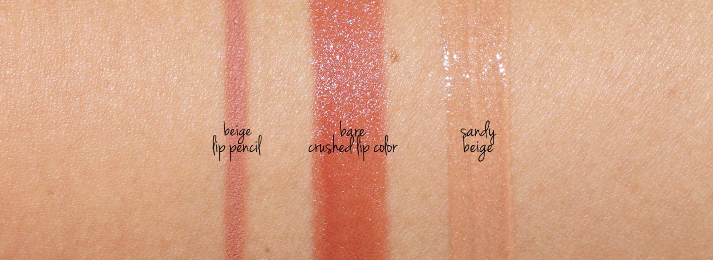 Bobbi Brown Beige Lip Pencil, Bare Crushed Lip Color and Sandy Beige Lip Gloss swatches