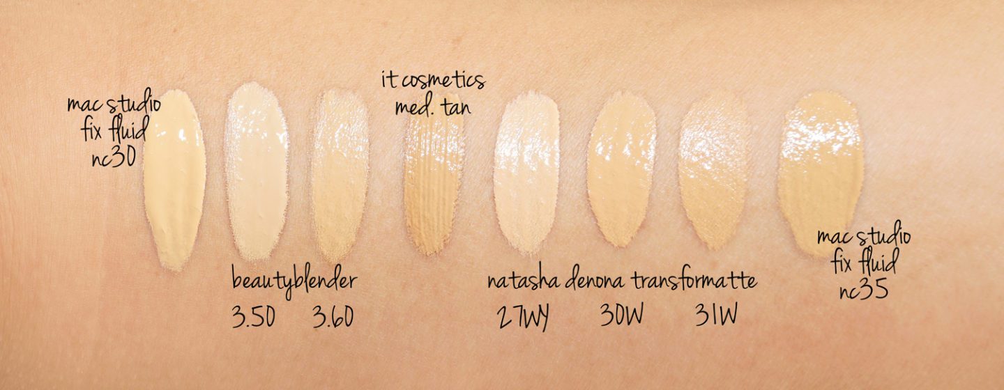 Foundation Swatches MAC NC30, NC35 vs Beautyblender 3.5 and 3.6 and It Cosmetics Medium Tan