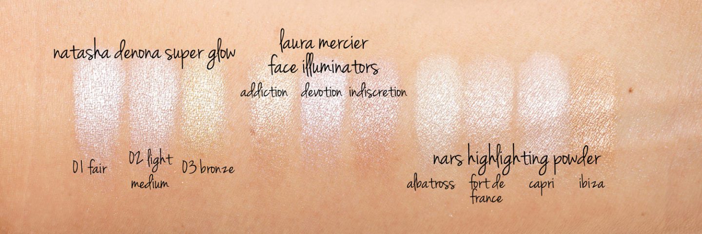 Natasha Denona Super Glow vs Laura Mercier Face Illuminator and NARS Highlighting Powder swatches