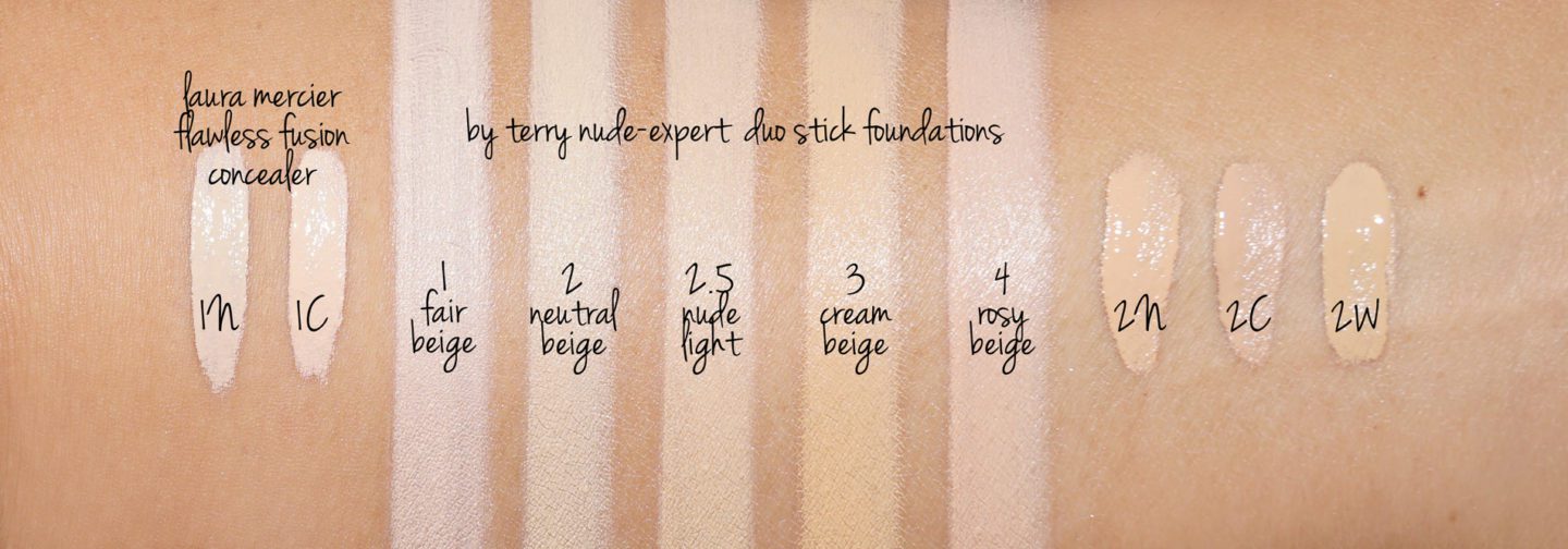 By Terry Nude-Expert Foundation Stick Shades 1, 2, 2.5, 3 and 4 vs Laura Mercier Flawless Fusion Concealers