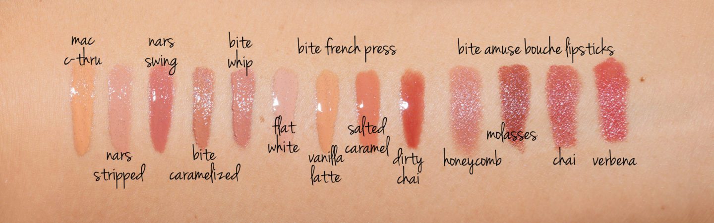 MAC C-Thru vs Bite French Press Lip Gloss vs Amuse Bouche and NARS Velvet Lip Glide