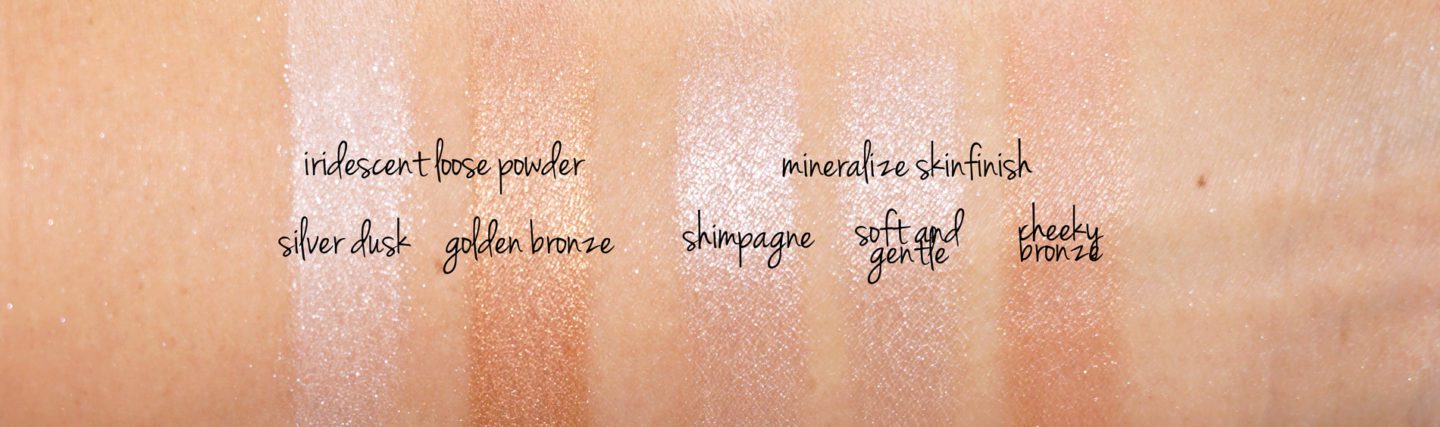 MAC Silver Dusk, Golden Bronze, Shimpagne, Soft and Gentle and Cheeky Bronze Swatches