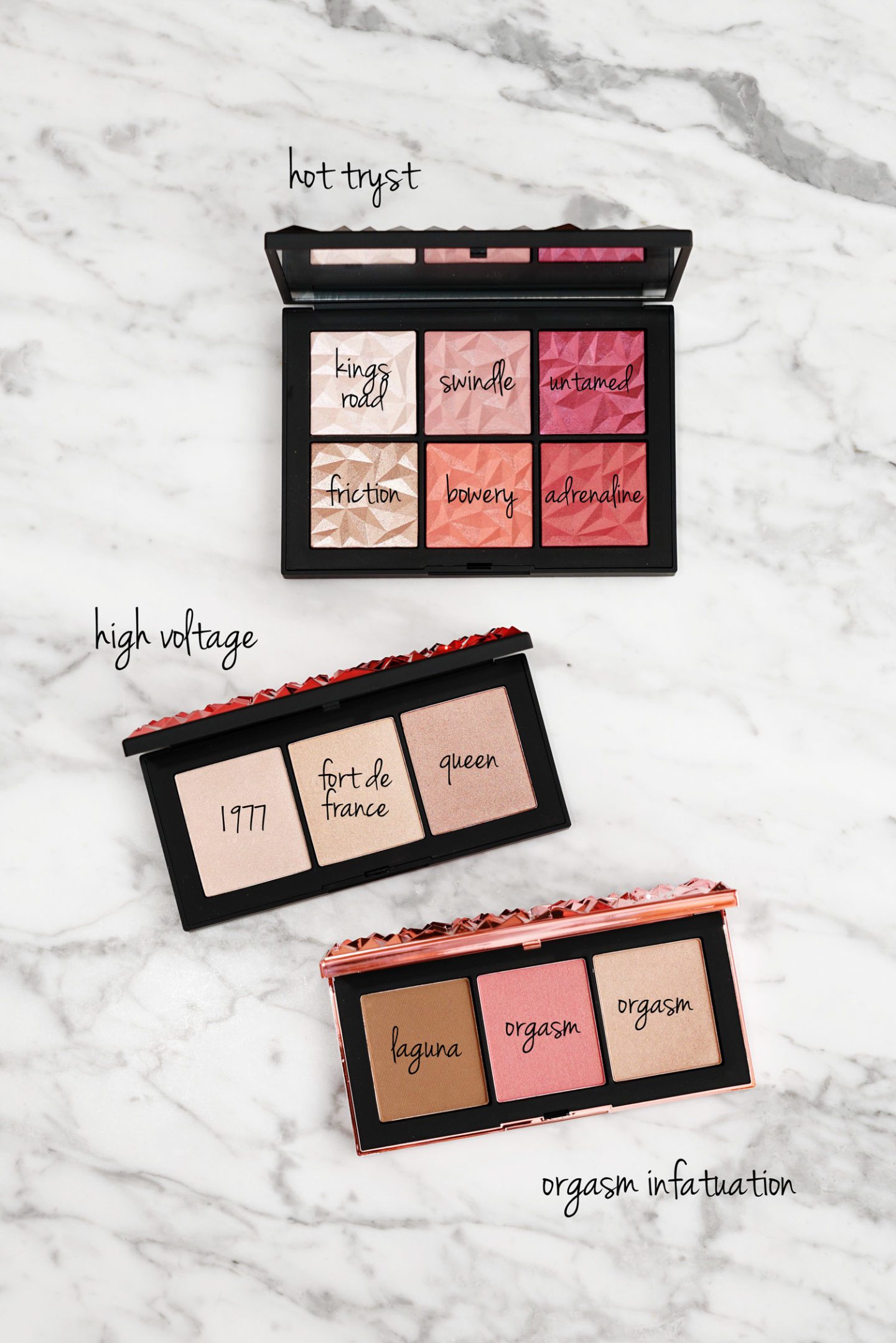 NARS Holiday 2018 Hot Tryst, High Voltage and Orgasm Infatuation Cheek Palettes