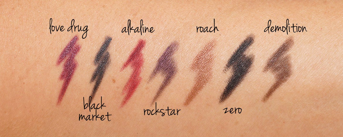 Urban Decay 24/7 Glide On Love Drug and Black Market Eyeliner swatches