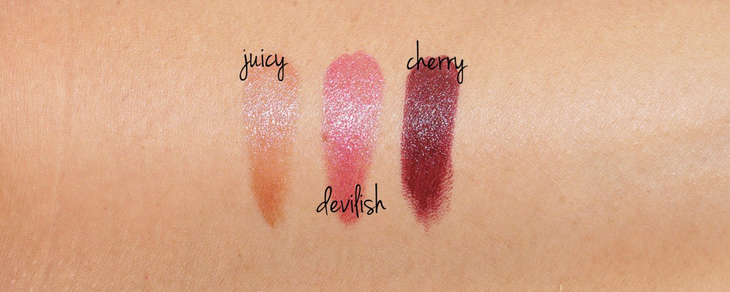 Urban Decay Naked Cherry Vice Lipsticks in Juicy, Devilish and Cherry swatches
