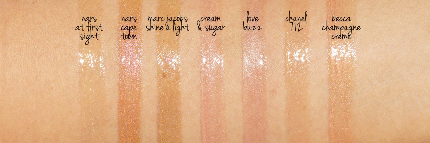 Gold Lip Gloss Swatch comparisons Marc Jacobs, NARS, Chanel, Becca