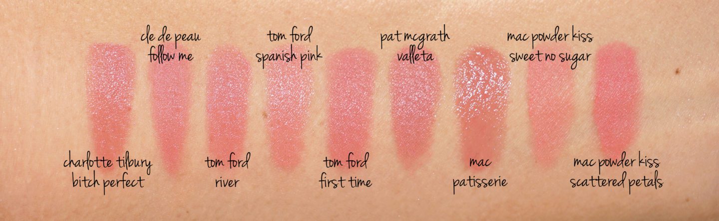 Peachy nude pink lipstick swatches