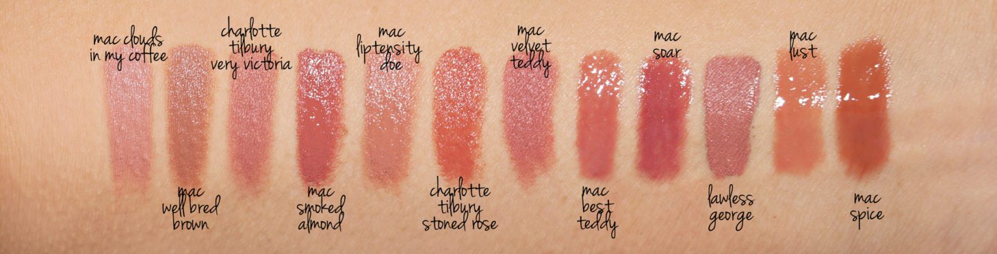 Neutral lipstick + lipgloss swatches, MAC, Charlotte Tilbury, Lawless