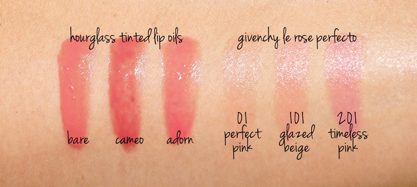 Hourglass Tinted Lip Oils Bare, Cameo and Adorn, Givenchy Le Rose Perfecto 101 and 201
