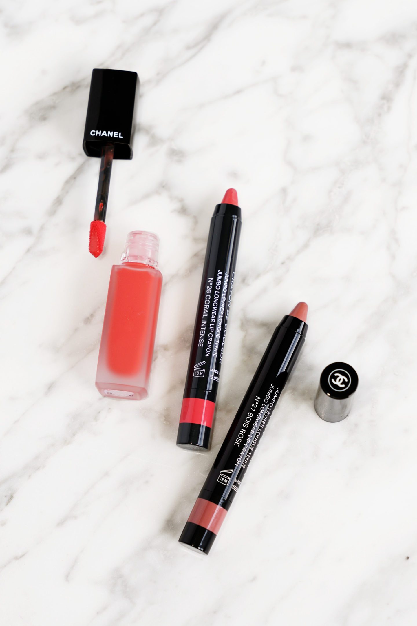 Chanel Rouge Allure Ink Cornaline, Le Crayon Rouge Bois Rose and Corail Intense 