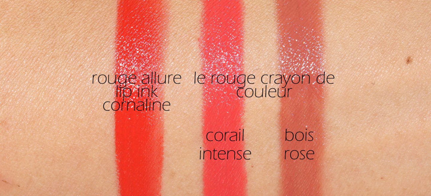 Chanel Rouge Allure Ink Cornaline, Le Crayon Rouge Bois Rose and Corail Intense swatches
