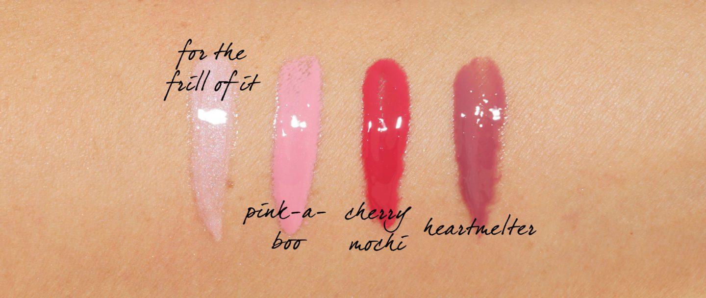 MAC Boom Boom Bloom Lipglass For the Frill of It, Pink-a-boo, Cherry Mochi and Heartmelter