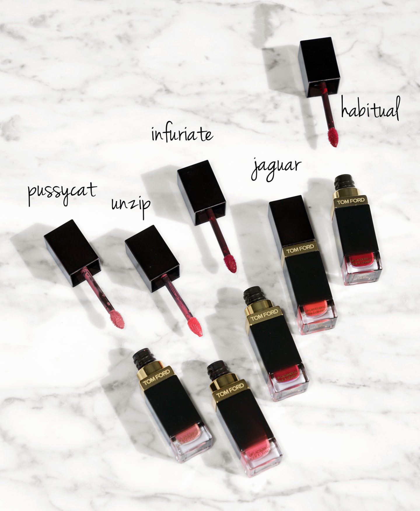 Tom Ford Lip Lacquer Luxe Pussycat, Unzip, Infuriate, Jaguar and Habitual