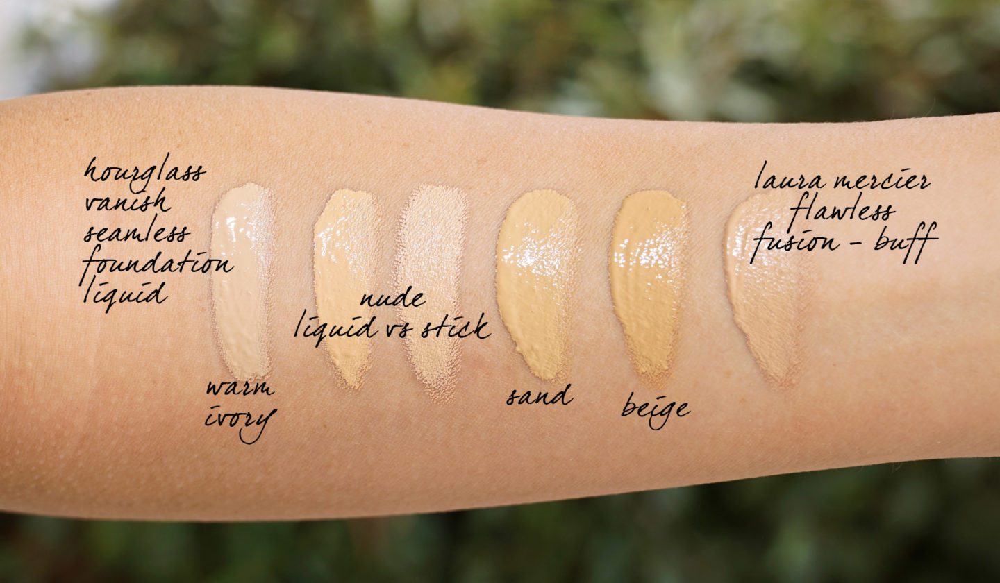 Hourglass Vanish Seamless Liquid Foundation Swatches in Warm Ivory, Nude, Sand and Beige 
