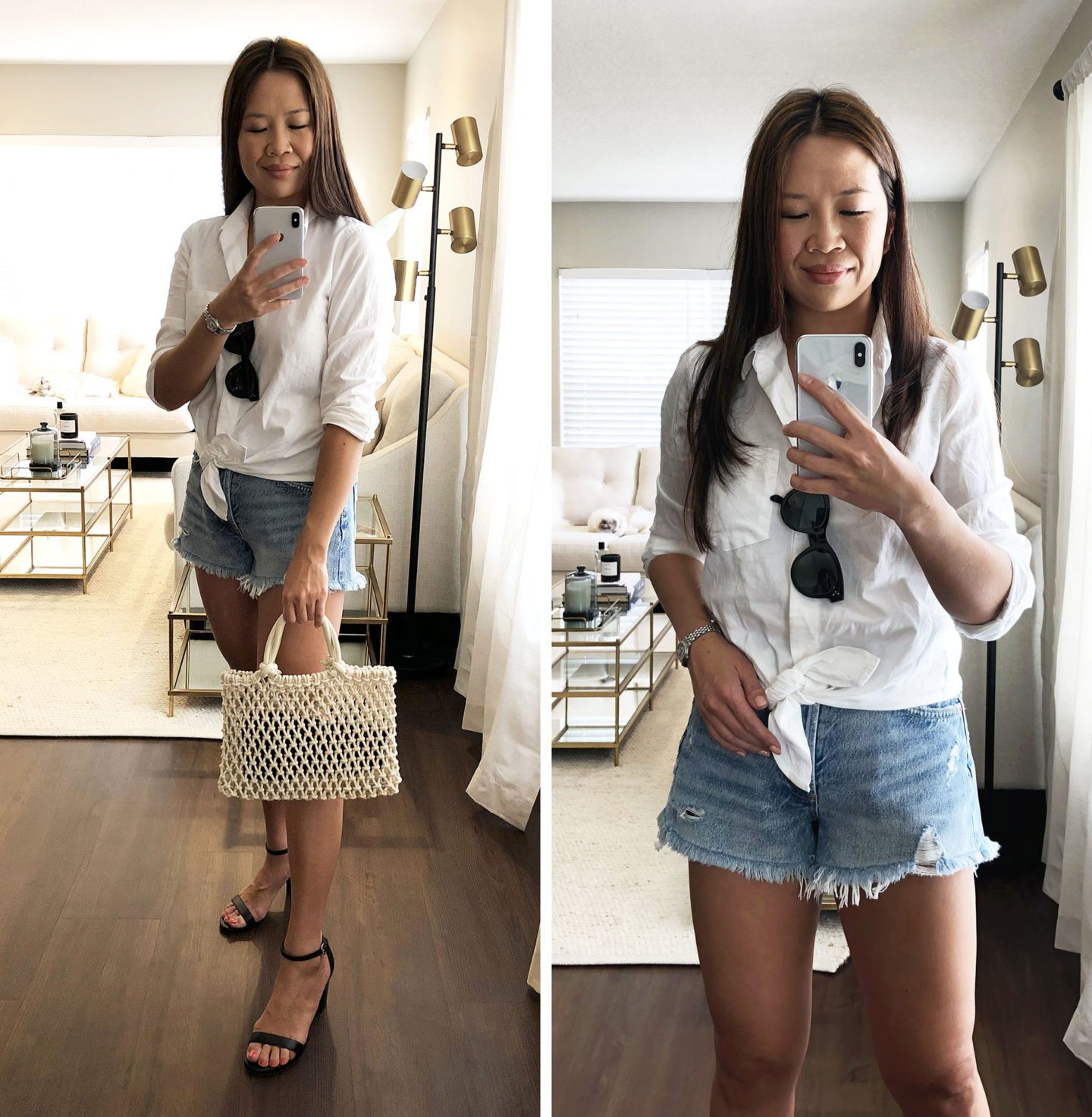 OOTD Madewell Tie Front Top, AGolde Parker Shorts in Swapmeet, Clare V Petite Sandy, Stuart Weitzman Nearlynude Black