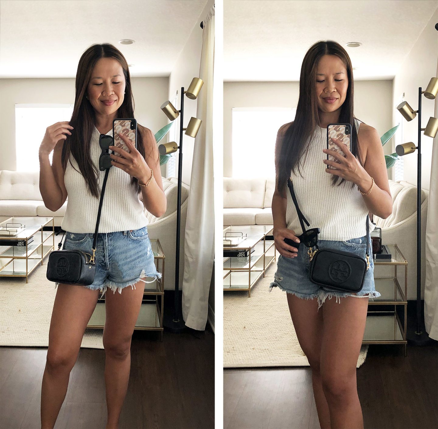 OOTD Reformation Lilac Ribbed Top, AGolde Parker Cutoff Shorts, Tory Burch Perry Mini Bombe Bag 