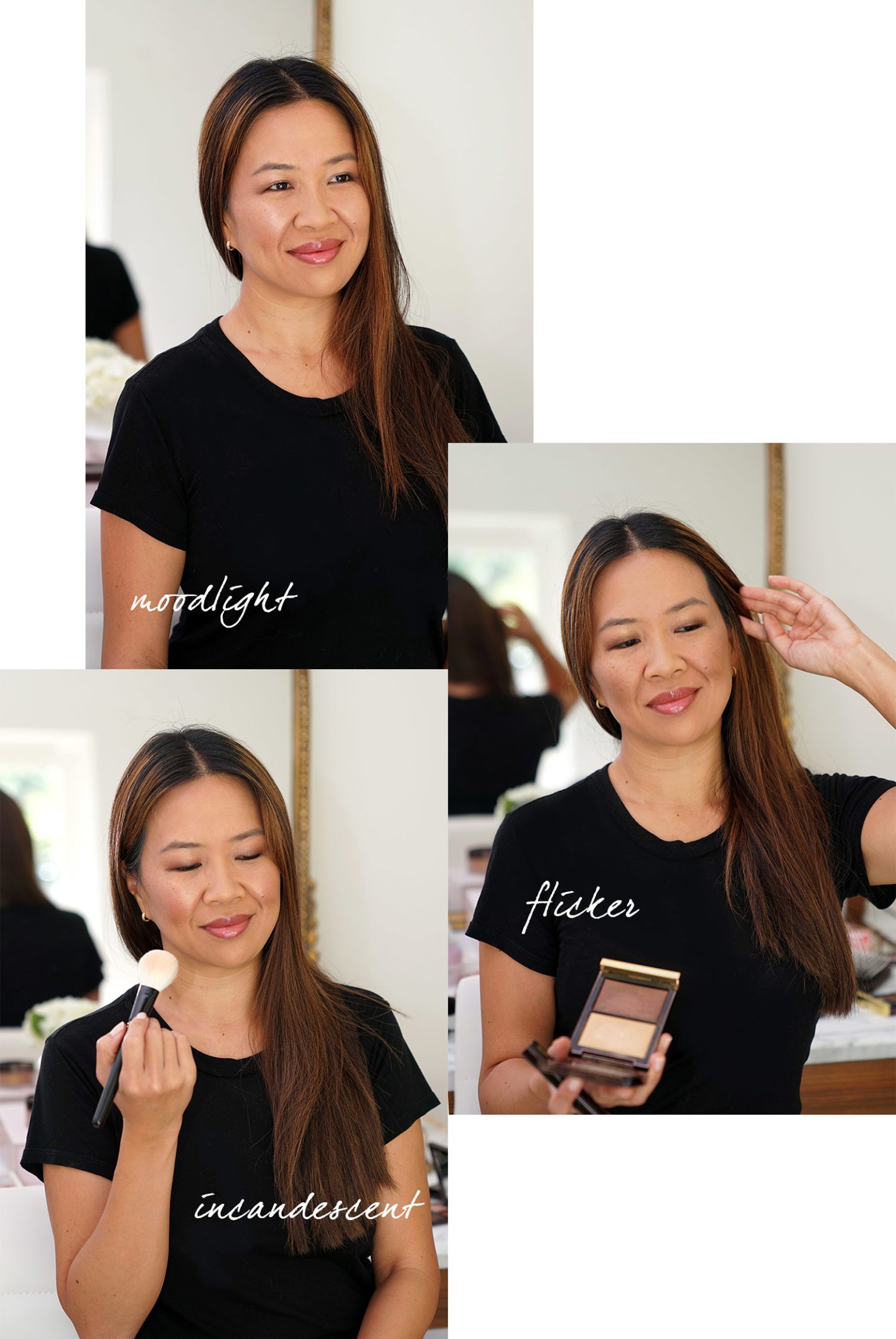 Tom Ford Skin Illuminating Duo: Moodlight, Flicker and Incandescent makeup looks face swatches