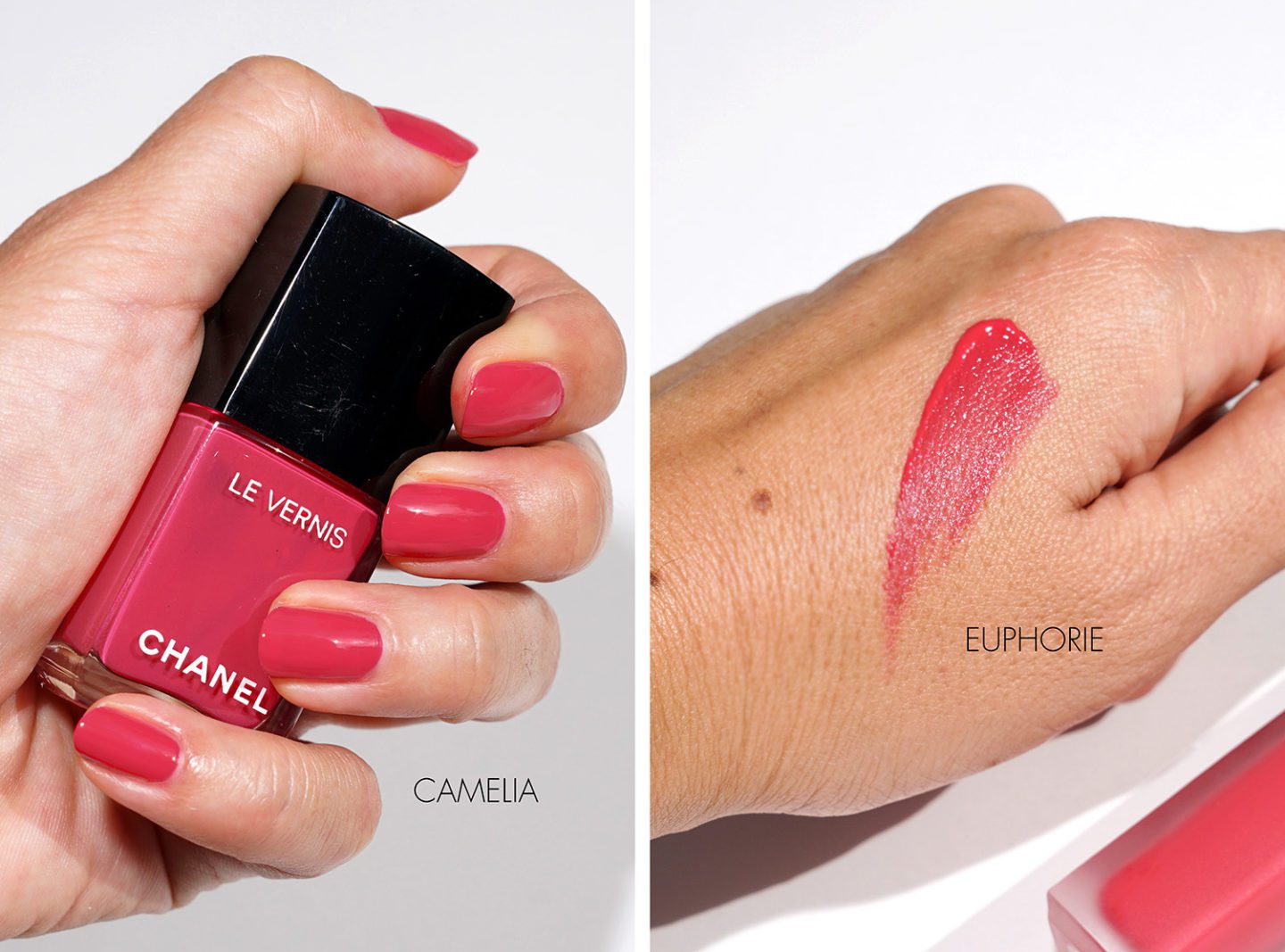 Chanel Le Vernis Camelia Rouge Allure Ink Euphorie swatches