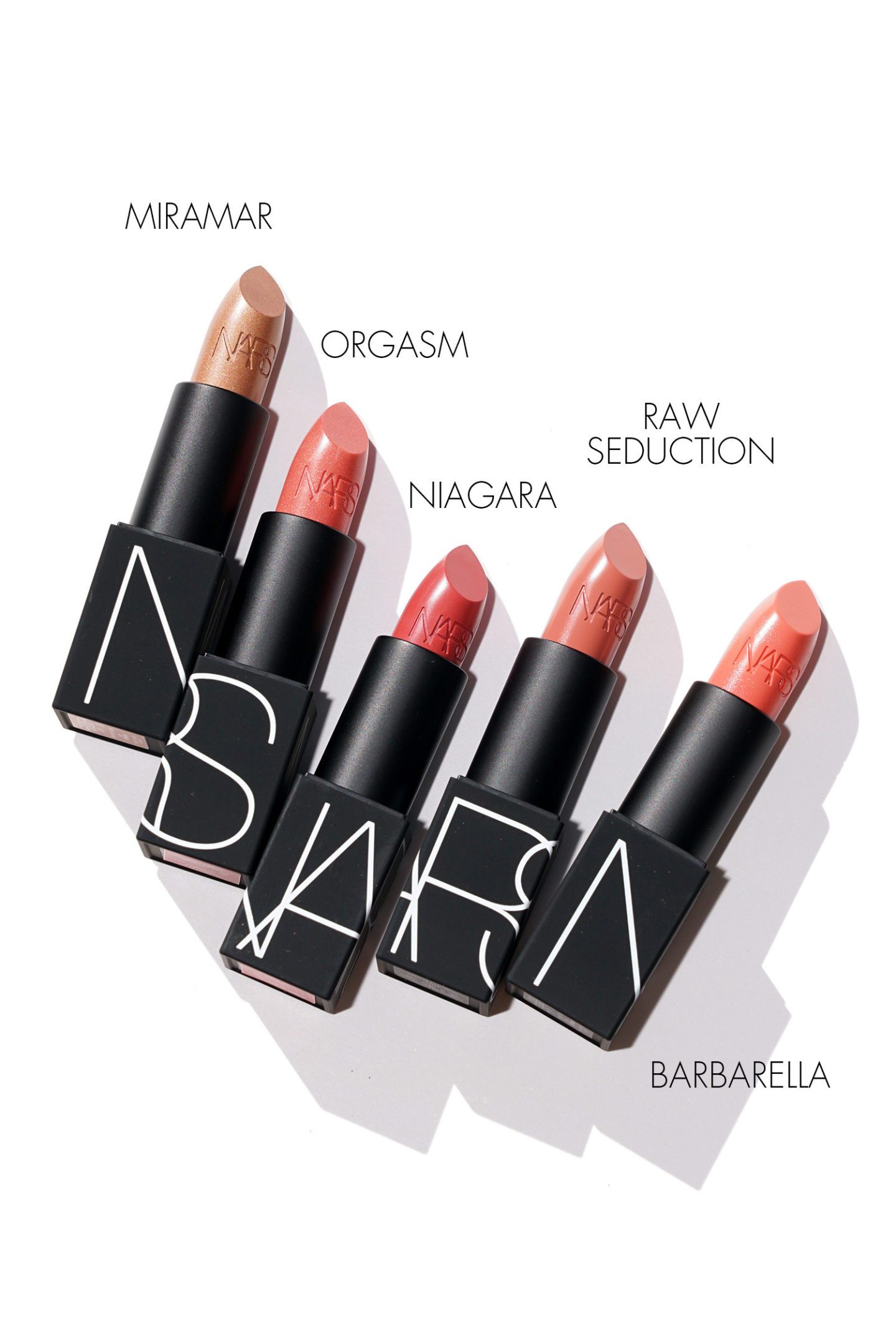 NARS Lipsticks Miramar, Orgasm, Niagara, Raw Seduction, Barbarella